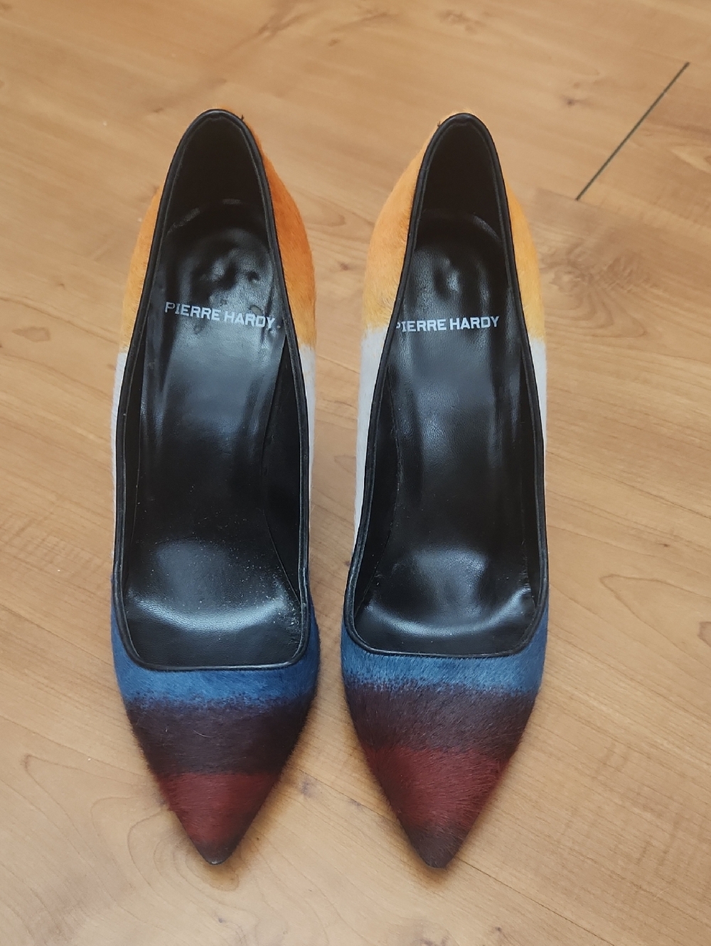 Pierre Hardy Multicolor Pointed Calf-Hair Pumps in Blue, Red and Orange